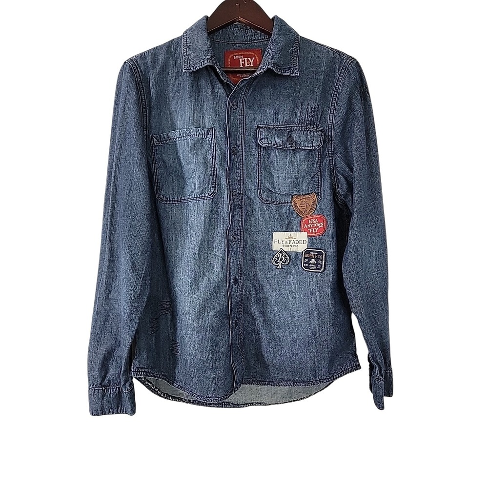 Born Fly Men's Medium Denim Shirt Patches Work Back Graphic Long Sleeve Button